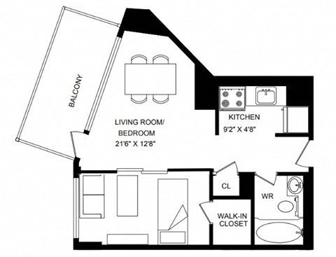 Floor plan for 1 bed, 1 bath, 416 sqft